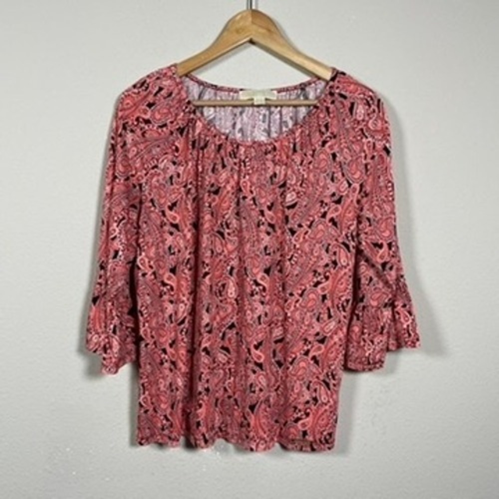 Michael Kors Paisley Top Women L Pink Black 3/4 Bell Sleeve Cotton Modal Boho